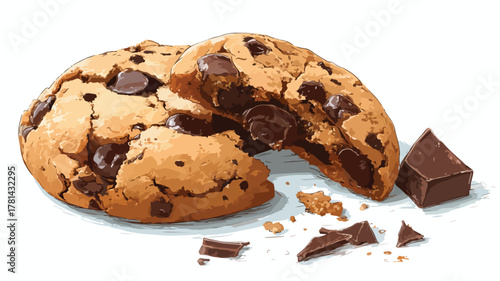 Delicious Cookie with Chocolate Chips and Broken Piece Illustration