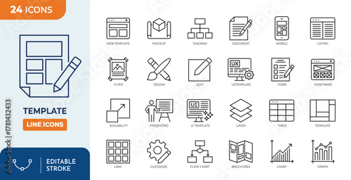 Minimalist Template outine icons set with editable stroke. thin linear illustration. Vector illustration