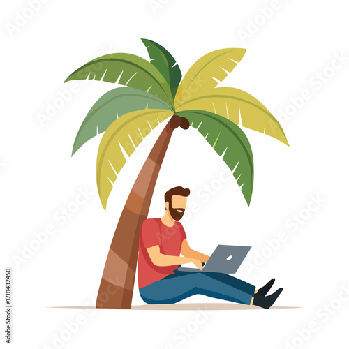 Bearded man working remotely on a tropical island