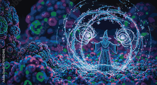 Enigmatic sorcerer channels profound mystical energy amidst an otherworldly landscape of glowing bioluminescent flora, intricate organic patterns, and ethereal light