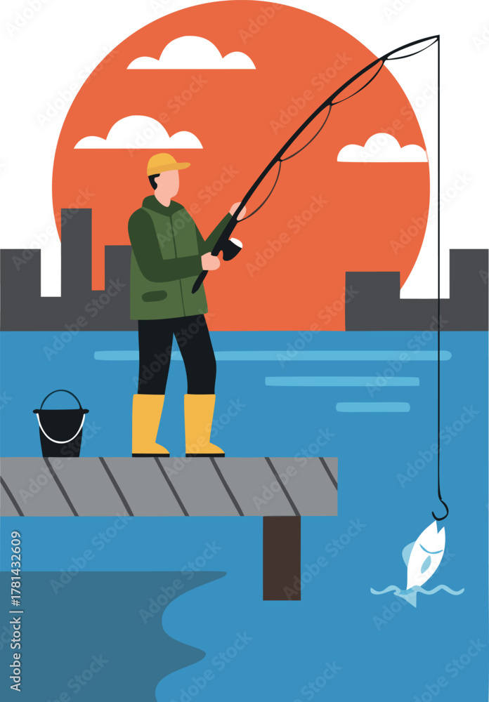 Fototapeta premium Man fishing from pier at sunset in city