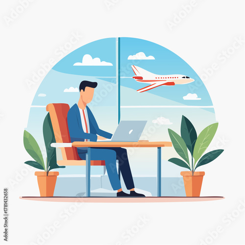 Man working on laptop with airplane view