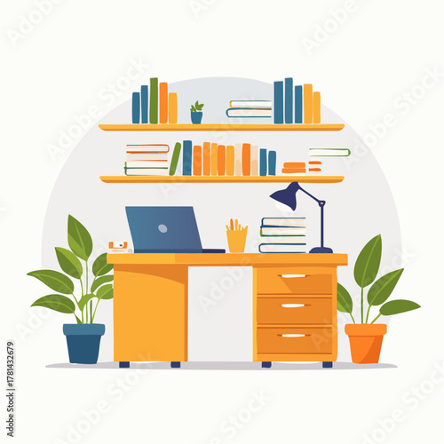 Modern workplace with desk, laptop, books and plants