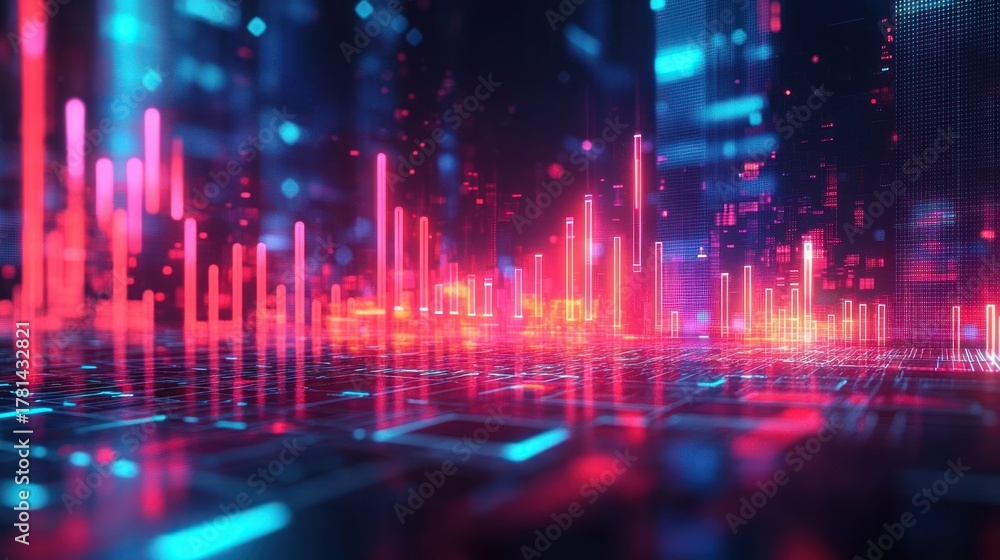 Fototapeta premium Colorful futuristic digital data visualization with glowing bars and grid pattern in neon pink and blue lights creating a high-tech atmosphere