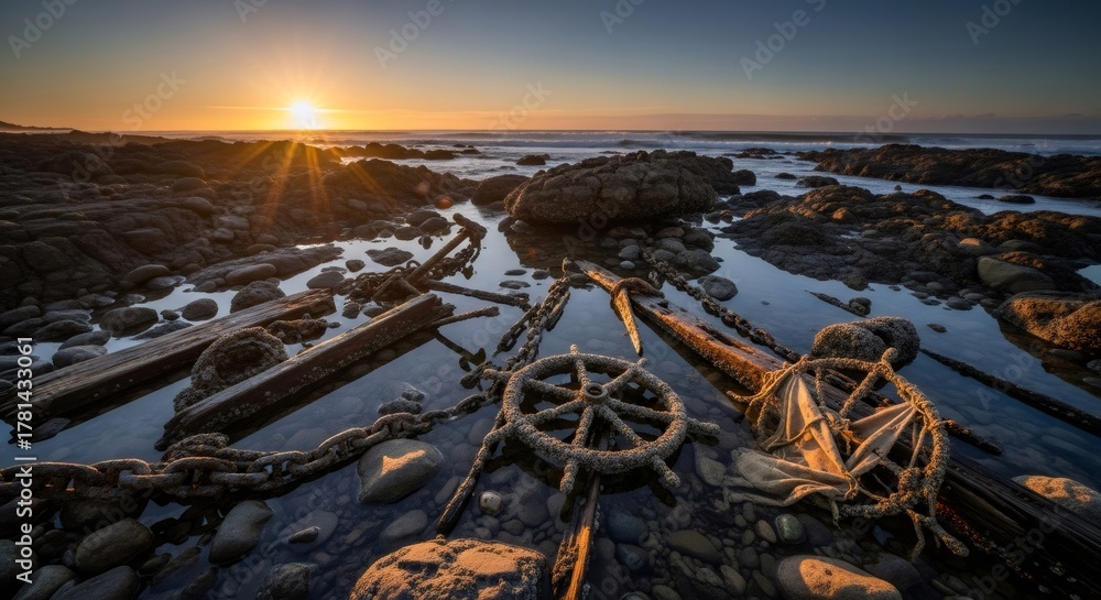 Obraz premium Wreckage of a ship with steering wheel and chain a rocky coastal shore at sunset. Ancient maritime adventure and mystery concept.