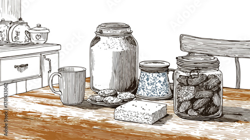 Cozy Kitchen Scene with Flour and Cookies Jars Illustration