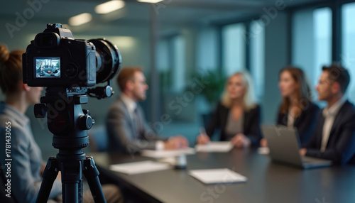 Professional camera records business team during corporate media training. Spokespeople practice for press conference difficult interview. Colleagues learn crisis communication, public speaking