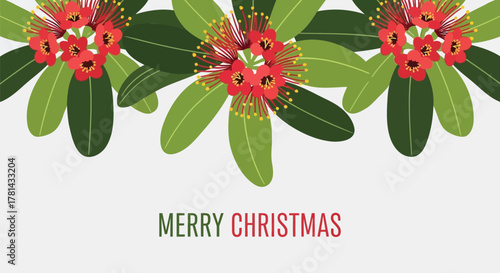 Festive merry christmas greeting card with vibrant red pohutukawa flowers and green leaves on a light background