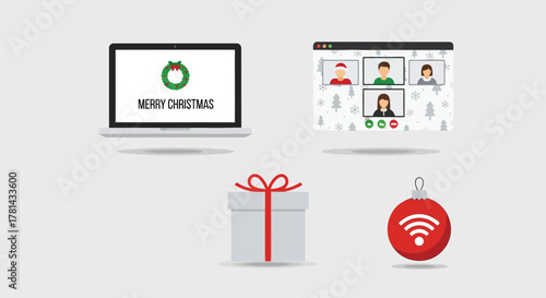 Virtual christmas celebration with video conference gift box and wifi ornament on a grey background