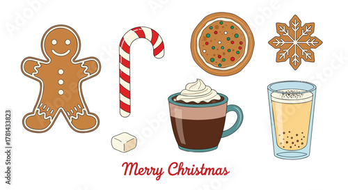 Festive christmas treats including gingerbread man candy cane hot chocolate and eggnog with merry christmas text