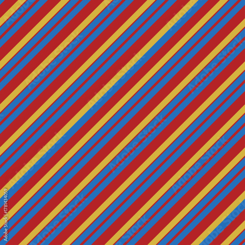 Bold high contrast seamless pattern of diagonal stripes in primary colors blue yellow red The energetic retro look is ideal for sports apparel backpacks packaging or bold home textiles Vector
