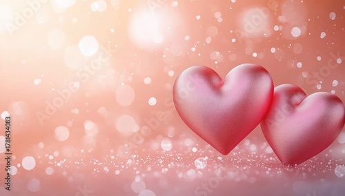 Two soft pink heart shapes against a glowing peach background with sparkling light bokeh conveying warmth and romance