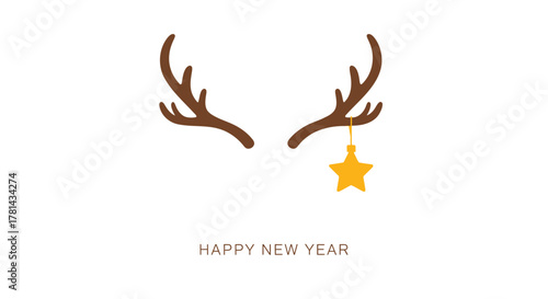 Whimsical reindeer antlers adorned with a golden star ornament and happy new year text on a clean white background