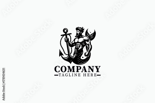 Powerful Merman Anchor Logo Vector – Strong Black and White Masculine Mermaid Warrior Holding Anchor, Mythical Ocean Fantasy Character Silhouette for Branding, Tattoo, Mascot, and Nautical Design