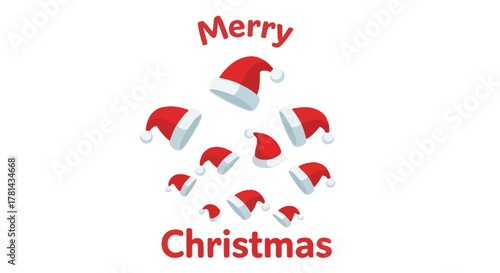 Festive merry christmas greeting with a playful scattering of santa hats on a clean white background