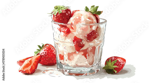 Delicious Glass of Ice Cream with Fresh Strawberries and Vector Strawberries