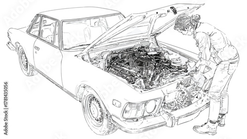 Mechanic Girl Working on Car with Hood Up, Vector Illustration