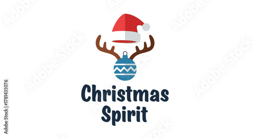 Festive christmas spirit represented by a santa hat on reindeer antlers with a blue ornament and text