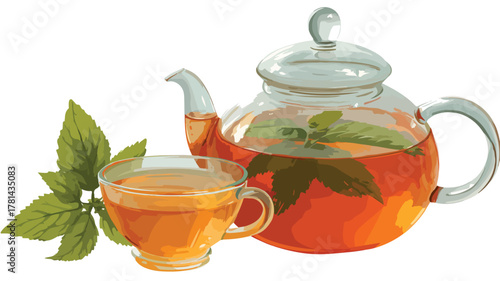 Elegant Glass Teapot with Leaf on Top - Vector Illustration