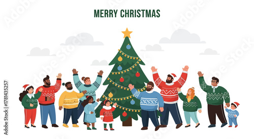Diverse group of people wearing ugly christmas sweaters celebrating around a decorated tree with merry christmas text
