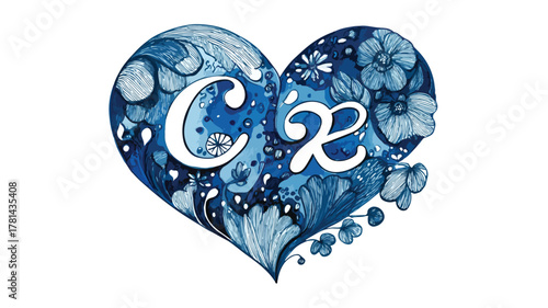 Elegant Heart Initials Blue Vector with Outline Isolated Design
