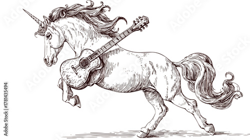 Majestic Unicorn Horse Playing Guitar - Fantasy Animal Illustration