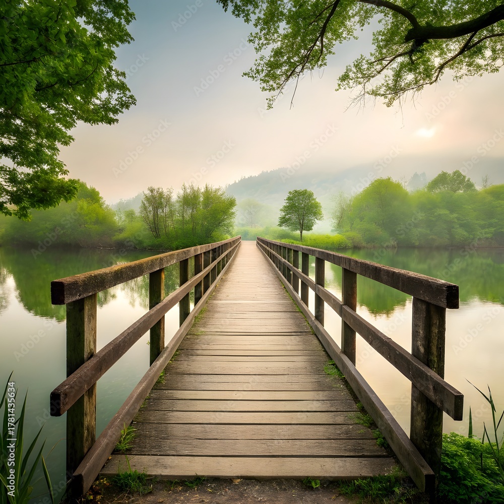 Fototapeta premium Wooden bridge over calm water leading to misty green hills and trees