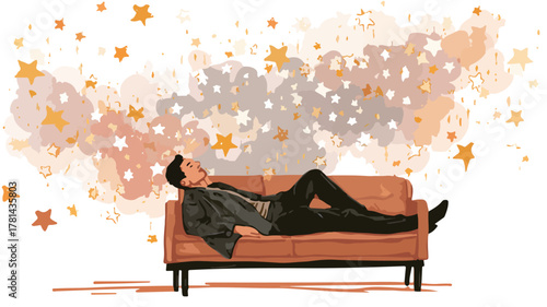 Relaxing Man on Couch with Starry Background Vector Illustration