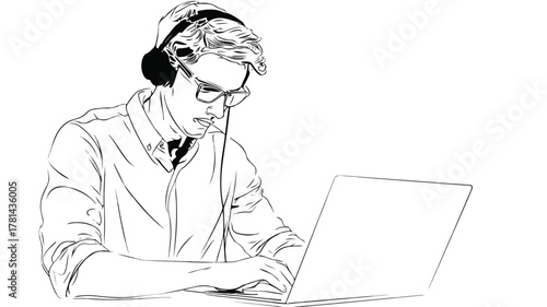 Professional Man Using Headphones on Laptop