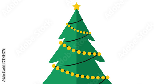 A simple and festive green christmas tree adorned with yellow string lights and a golden star on top