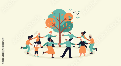 Diverse group of people holding hands in a circle around a stylized tree with birds flying above