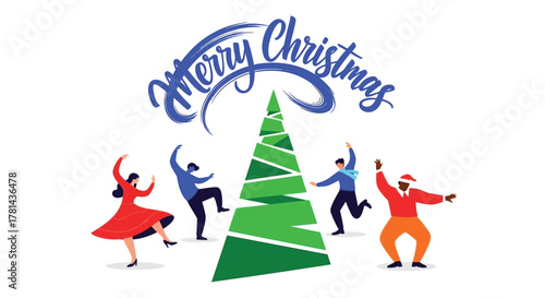 Joyful diverse people celebrating christmas dancing around a stylized green christmas tree with merry christmas text