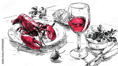 Exquisite Meal with Wine Glass and Lobster Vector Illustration for Culinary Designs