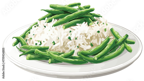Delicious Plate of Rice, Beans, and Green Beans Vector Illustration