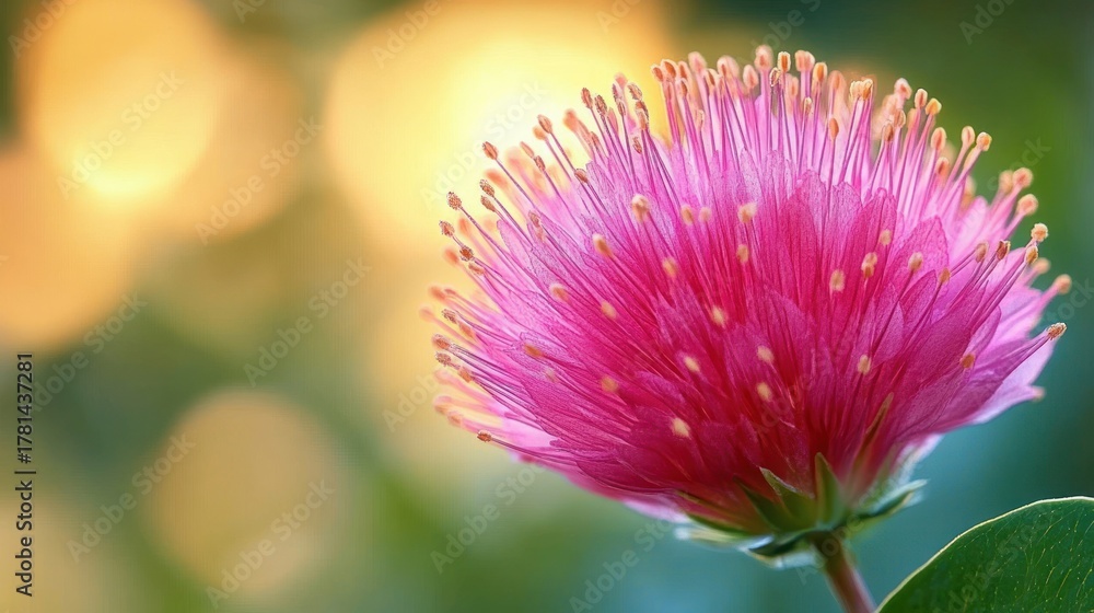 Fototapeta premium Close-up of a vibrant pink flower with delicate stamen against a softly blurred green and yellow bokeh background evoking calm and natural beauty