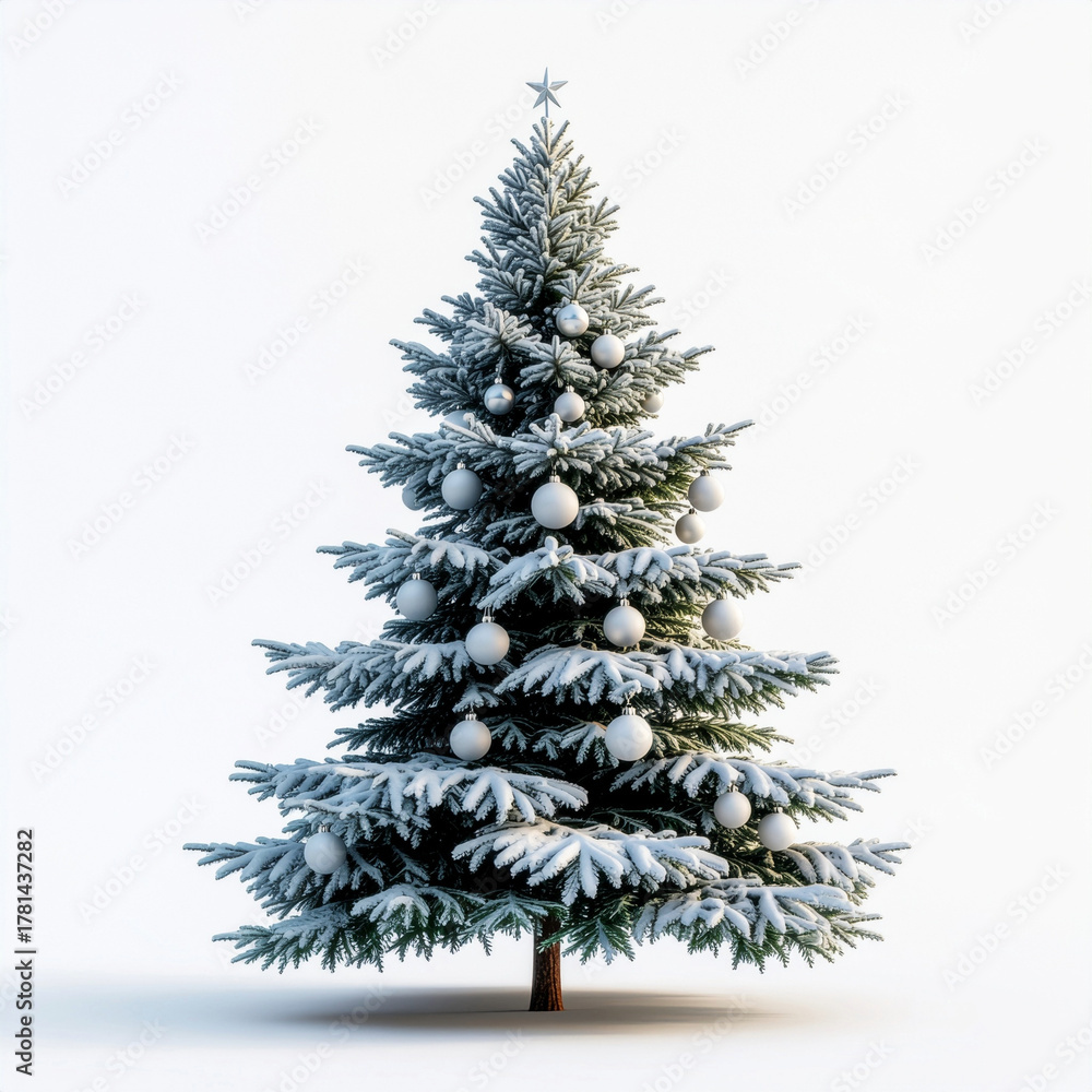 Fototapeta premium Snow-covered Christmas Tree with White Ornaments