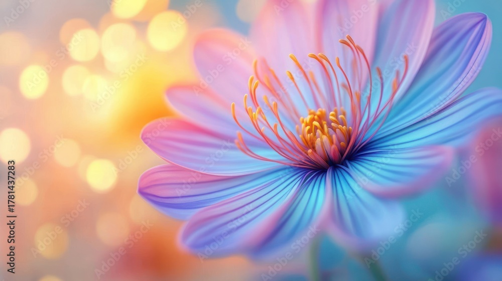 Obraz premium Close-up of a vibrant flower with delicate petals in shades of blue and purple, featuring bright yellow stamens and a soft bokeh background in warm tones