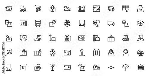 Lineal logistic_2397 icon set. Minimal vector icons ack. Includes symbols for ast delivery, truck, barcoe scan, worldwide delivery air transport, package trcking and more. Editable sroke.