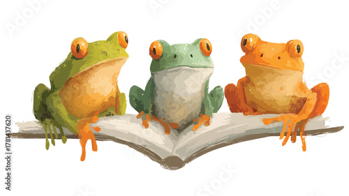 Green and Orange Frogs Reading Book - Educational Illustration