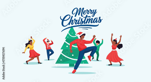Diverse group of people joyfully dancing around a decorated christmas tree with merry christmas text