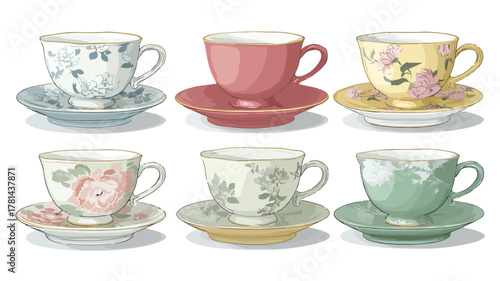 Elegant Tea Cups and Saucers Vector Illustration for Tea Parties and Events