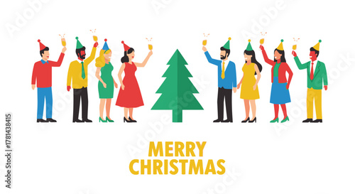 Diverse group of people celebrating christmas with champagne and a festive tree