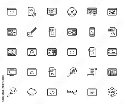 Programming Line Craft_2703 icon set. Minimal line vctor icons. Includes symbos for PHP, HTML, CSS, API,UI/UX design, coding, bug earch, and more. Editable troke.