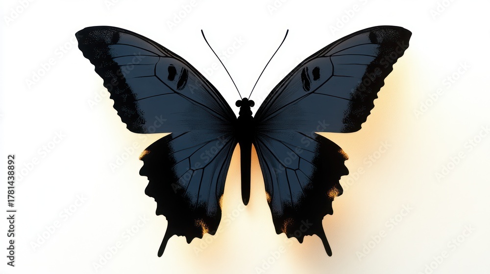 Fototapeta premium Close-up of a dark blue and black butterfly with detailed wings and a warm glowing background evoking calmness and beauty