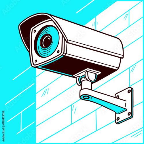 CCTV camera mounted on wall with blue background in modern style  