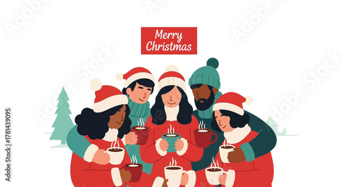 Diverse group of friends in winter hats and scarves enjoying hot drinks together with merry christmas text