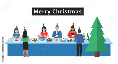 Diverse group of people celebrating christmas together at a festive party table with food and drinks