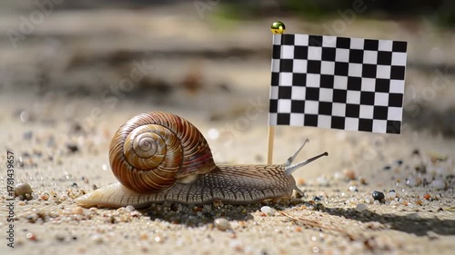 Snail racing on sand with checkered flag; humor and concept for slow progress, competition