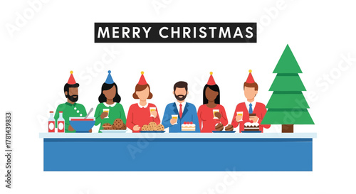 Diverse group of people in festive attire celebrating christmas together with food and drinks at a party