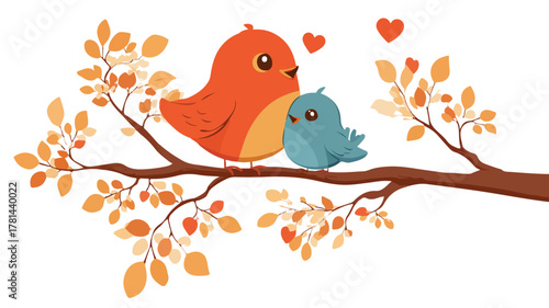 Adorable Cartoon Bird and Baby on Tree Branch - Cute Kawaii Style EPS Image